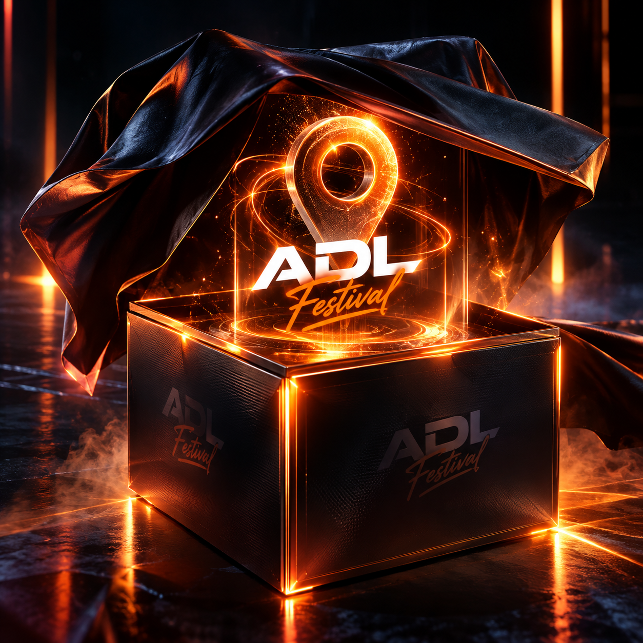 Arte do ADL Festival com um pin luminoso de localização sobre um pedestal, anunciando o local do evento